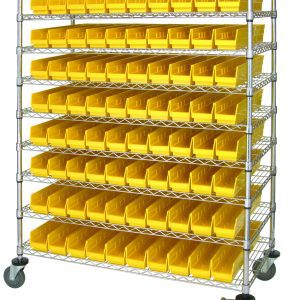 The Quantum Catheter Bin Wire Cart, with dimensions 48W x 24D x 69H, features nine shelves and includes 80 neatly arranged QSB105 yellow bins. With its chrome-plated finish and mobile design, it supports up to 1200 lbs while ensuring versatility and orderliness in your space.