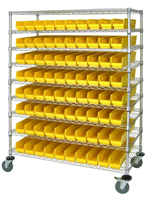 WRC9-63-2448-105_YL.jpg The Quantum Catheter Bin Wire Cart, with dimensions 48W x 24D x 69H, features nine shelves and includes 80 neatly arranged QSB105 yellow bins. With its chrome-plated finish and mobile design, it supports up to 1200 lbs while ensuring versatility and orderliness in your space.