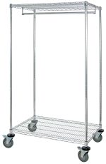The Quantum Wire Garment Rack is mobile, 36W x 24D x 69H, with a chrome-plated finish. It features two wire shelves and four caster wheels, and has a sturdy frame with a hang bar that supports up to 75 lbs., making it ideal for hanging clothes and organizing items.