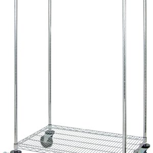 The Quantum Wire Garment Rack is mobile, 36W x 24D x 69H, with a chrome-plated finish. It features two wire shelves and four caster wheels, and has a sturdy frame with a hang bar that supports up to 75 lbs., making it ideal for hanging clothes and organizing items.