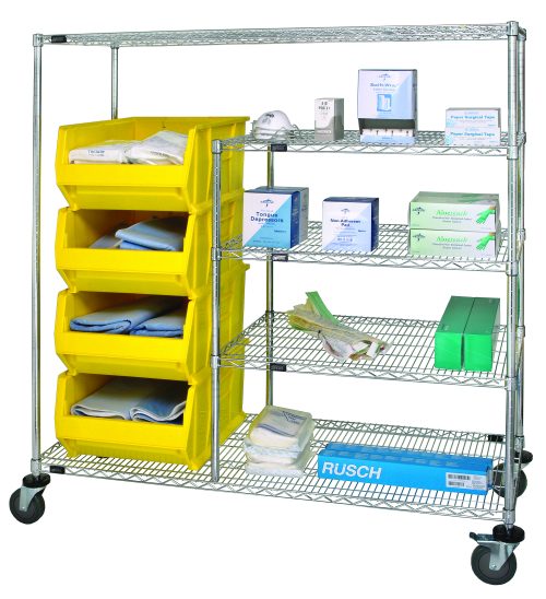 The Quantum Bin Transport Cart measures 60W x 24D x 69H, has a 1200 lbs load capacity, and includes (3) 36W x 24D wire shelves and (4) QUS955 yellow bins. It features a chrome-plated finish and wheels for easy mobility. Shipped KD.