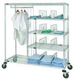 The Quantum Patient Apparel Cart, 60W x 24D x 69H, has a 1200 lbs load capacity and features a chrome-plated finish. It includes a 24 hang bar, three 36W x 24D wire shelves, and eight dividers—ideal for neatly folded linens and lab coats in healthcare or hospitality settings.