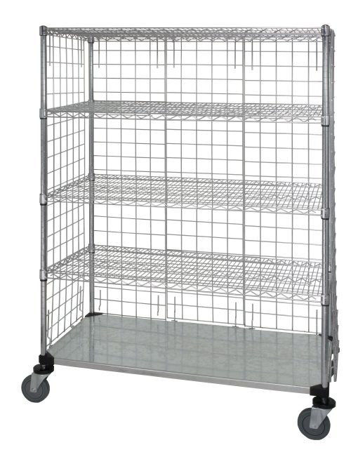 The Quantum Wire Enclosed Cart features a solid galvanized steel shelf and grid-patterned wire shelves, with a 1200 lb. capacity. It has dimensions of 36W x 24D x 69H and includes four casters for mobility, making it ideal for storage or organization with open visibility.