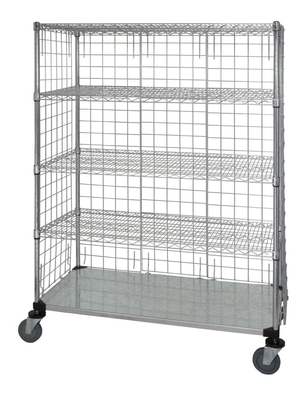 Five-shelf enclosure cart with welded wire panels, solid bottom shelf and stem casters