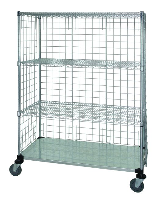 The Quantum Wire Enclosed Cart is mobile with a 36W x 24D x 69H size, supporting up to 1200 lbs. It includes three wire shelves, one solid galvanized steel shelf, and four enclosure panels. The cart stands on four posts with donut bumpers and rolls smoothly on 5 thermoplastic resin casters.