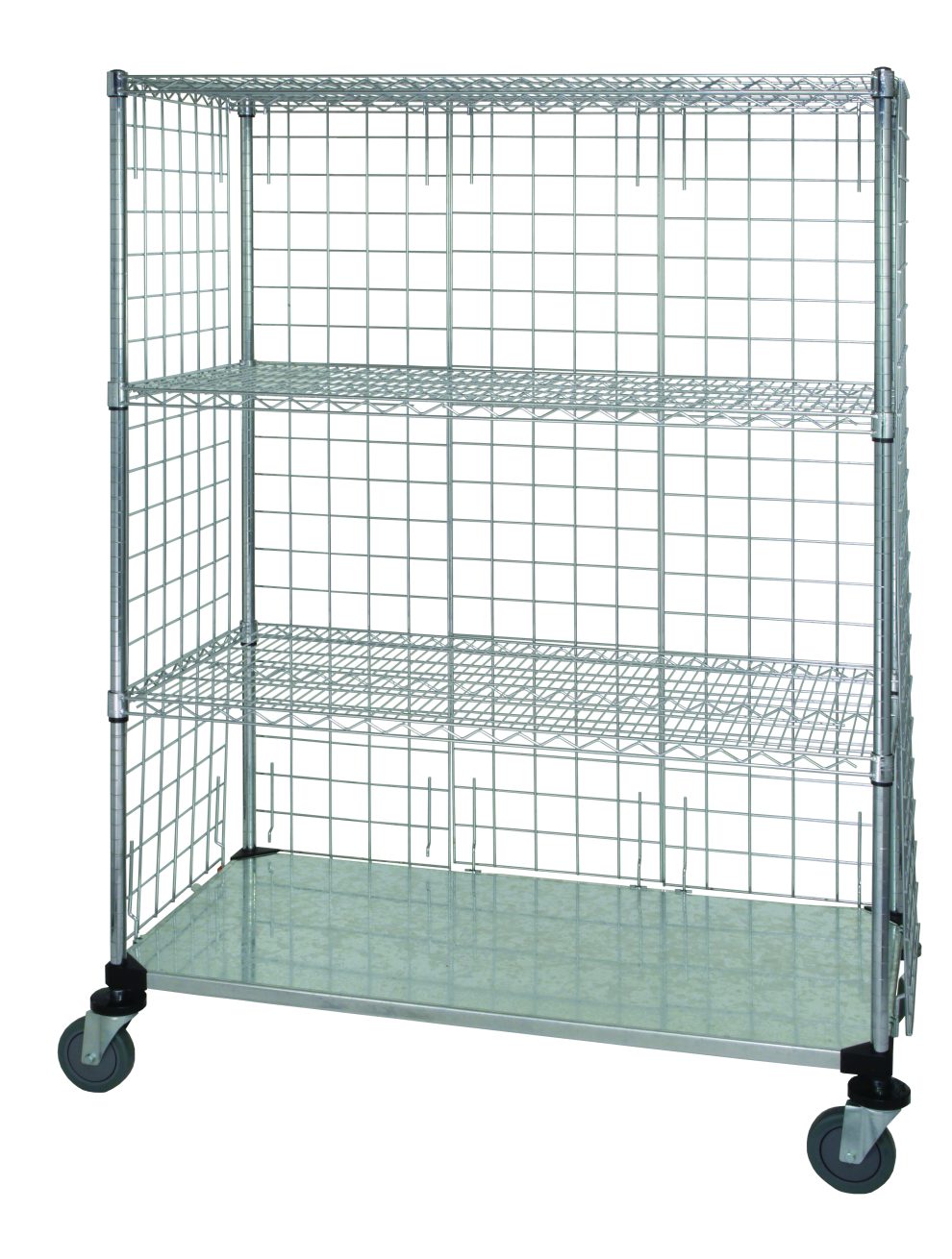 Chrome wire enclosure cart with welded wire enclosure panels and solid bottom shelf