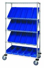 The Quantum Slanted Shelf Cart, measuring 36W x 18D x 69H with a load capacity of 1200 lbs, includes two flat and three slanted shelves with 20 QSB104 blue bins, and features a chrome-plated finish.