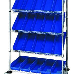 The Quantum Slanted Shelf Cart, measuring 36W x 18D x 69H with a load capacity of 1200 lbs, includes two flat and three slanted shelves with 20 QSB104 blue bins, and features a chrome-plated finish.