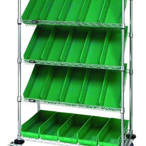 The Quantum Slanted Shelf Cart, 36W x 18D x 69H, chrome-plated finish, features (2) flat and (3) slanted shelves with (20) QSB104 green bins. With a load capacity of 1200 lbs and its wheeled design, its ideal for organizing items in industrial or warehouse settings.