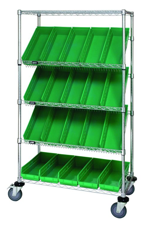 The Quantum Slanted Shelf Cart, 36W x 18D x 69H, chrome-plated finish, features (2) flat and (3) slanted shelves with (20) QSB104 green bins. With a load capacity of 1200 lbs and its wheeled design, its ideal for organizing items in industrial or warehouse settings.
