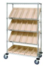 The Quantum Slanted Shelf Cart, 36W x 18D x 69H, supports a load capacity of 1200 lbs. It has two flat and three slanted shelves with 20 Qsb104 ivory bins, ideal for organizing documents or small items. With a chrome-plated finish, its perfect for office or storage use. Ships knocked down.