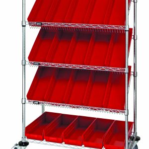 Introducing the Quantum Slanted Shelf Cart, 36W X 18D X 69H, featuring a chrome-plated finish, (20) QSB104 red bins, and a load capacity of 1200 lbs. This mobile unit has two flat and three slanted shelves with swivel caster wheels for easy movement. Shipped KD.