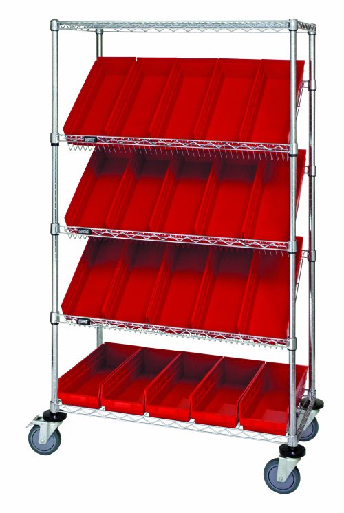 Introducing the Quantum Slanted Shelf Cart, 36W X 18D X 69H, featuring a chrome-plated finish, (20) QSB104 red bins, and a load capacity of 1200 lbs. This mobile unit has two flat and three slanted shelves with swivel caster wheels for easy movement. Shipped KD.