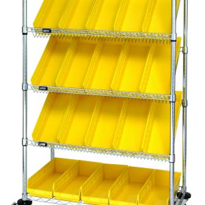 The Quantum Slanted Shelf Cart, with dimensions of 36W x 18D x 69H, features a chrome finish and a 1200 lbs load capacity. It includes two flat shelves, three slanted shelves for easy access, and 20 QSB104 yellow bins. The unit arrives KD and is ideal for organizing small items.