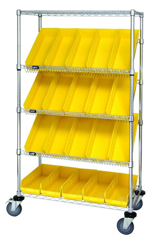 The Quantum Slanted Shelf Cart, with dimensions of 36W x 18D x 69H, features a chrome finish and a 1200 lbs load capacity. It includes two flat shelves, three slanted shelves for easy access, and 20 QSB104 yellow bins. The unit arrives KD and is ideal for organizing small items.