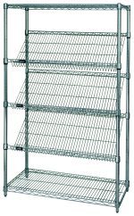 The Quantum Slanted Shelf Cart (36W x 18D x 69H) features two flat and three slanted chrome-plated shelves with sturdy metal posts for visibility and air circulation. It offers a 1200 lbs load capacity and is shipped KD for easy assembly.