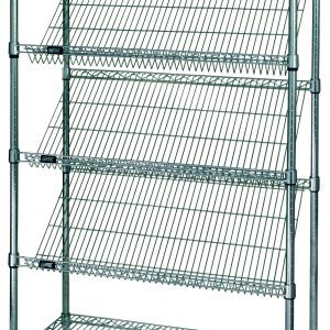 The Quantum Slanted Shelf Cart (36W x 18D x 69H) features two flat and three slanted chrome-plated shelves with sturdy metal posts for visibility and air circulation. It offers a 1200 lbs load capacity and is shipped KD for easy assembly.