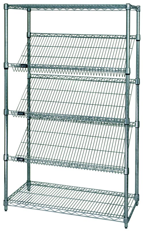 The Quantum Slanted Shelf Cart (36W x 18D x 69H) features two flat and three slanted chrome-plated shelves with sturdy metal posts for visibility and air circulation. It offers a 1200 lbs load capacity and is shipped KD for easy assembly.