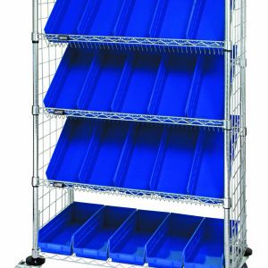 The Quantum Slanted Shelf Enclosure Cart, 36W x 18D x 69H, features side panels and a chrome finish. It includes two flat shelves, three slanted shelves for easy access, and twenty QSB104 blue bins. With a 1200 lbs capacity, its ideal for organizing small to medium items efficiently.