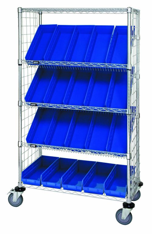 The Quantum Slanted Shelf Enclosure Cart, 36W x 18D x 69H, features side panels and a chrome finish. It includes two flat shelves, three slanted shelves for easy access, and twenty QSB104 blue bins. With a 1200 lbs capacity, its ideal for organizing small to medium items efficiently.