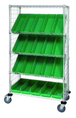The Quantum Slanted Shelf Enclosure Cart, with dimensions of 36W x 18D x 69H, includes two flat and three slanted shelves, (20) QSB104 green bins, side enclosure panels, and has a chrome-plated finish. It supports up to 1200 lbs and is equipped with wheels for easy mobility.