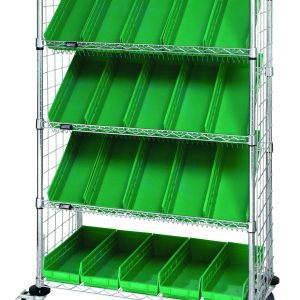 The Quantum Slanted Shelf Enclosure Cart, with dimensions of 36W x 18D x 69H, includes two flat and three slanted shelves, (20) QSB104 green bins, side enclosure panels, and has a chrome-plated finish. It supports up to 1200 lbs and is equipped with wheels for easy mobility.