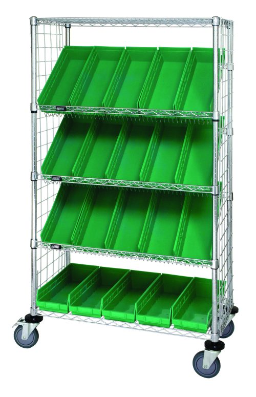 The Quantum Slanted Shelf Enclosure Cart, with dimensions of 36W x 18D x 69H, includes two flat and three slanted shelves, (20) QSB104 green bins, side enclosure panels, and has a chrome-plated finish. It supports up to 1200 lbs and is equipped with wheels for easy mobility.