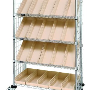 The Quantum Slanted Shelf Enclosure Cart features a 36W x 18D x 69H wire frame with a chrome finish, supports up to 1200 lbs, and includes two flat and three slanted shelves. It comes with side panels and twenty ivory QSB104 bins for storage, providing mobility and organization.