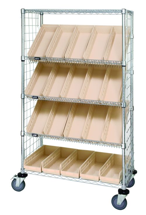 The Quantum Slanted Shelf Enclosure Cart features a 36W x 18D x 69H wire frame with a chrome finish, supports up to 1200 lbs, and includes two flat and three slanted shelves. It comes with side panels and twenty ivory QSB104 bins for storage, providing mobility and organization.