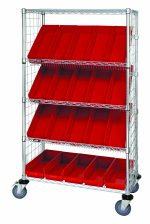 The Quantum Slanted Shelf Enclosure Cart, 36W x 18D x 69H, features a chrome-plated finish with two flat and three slanted shelves. It includes 20 QSB104 red bins and side enclosure panels, offering mobility on sturdy wheels and a load capacity of 1200 lbs for durability.