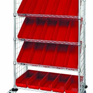 The Quantum Slanted Shelf Enclosure Cart, 36W x 18D x 69H, features a chrome-plated finish with two flat and three slanted shelves. It includes 20 QSB104 red bins and side enclosure panels, offering mobility on sturdy wheels and a load capacity of 1200 lbs for durability.