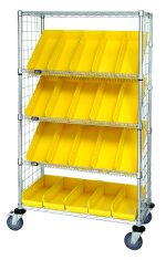 The Quantum Slanted Shelf Enclosure Cart measures 36W x 18D x 69H with a load capacity of 1200 lbs. It includes two flat and three slanted shelves along with 20 QSB104 yellow bins, features side enclosure panels, and has a chrome plated finish. It is shipped KD for easy assembly.