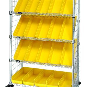 The Quantum Slanted Shelf Enclosure Cart measures 36W x 18D x 69H with a load capacity of 1200 lbs. It includes two flat and three slanted shelves along with 20 QSB104 yellow bins, features side enclosure panels, and has a chrome plated finish. It is shipped KD for easy assembly.