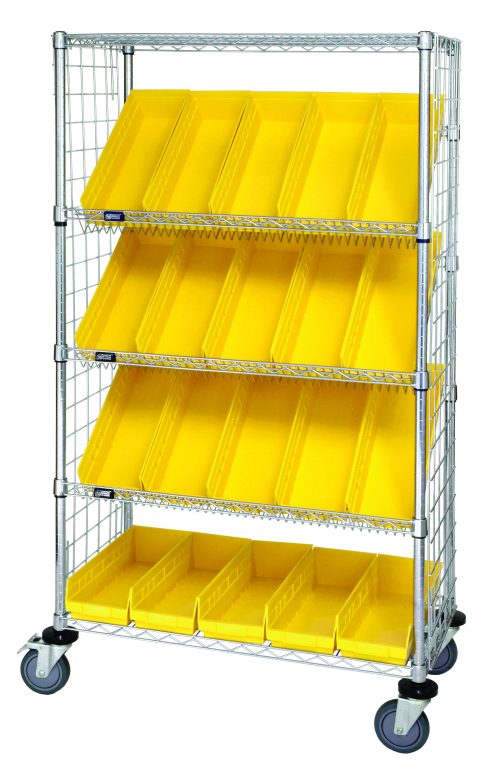 The Quantum Slanted Shelf Enclosure Cart measures 36W x 18D x 69H with a load capacity of 1200 lbs. It includes two flat and three slanted shelves along with 20 QSB104 yellow bins, features side enclosure panels, and has a chrome plated finish. It is shipped KD for easy assembly.