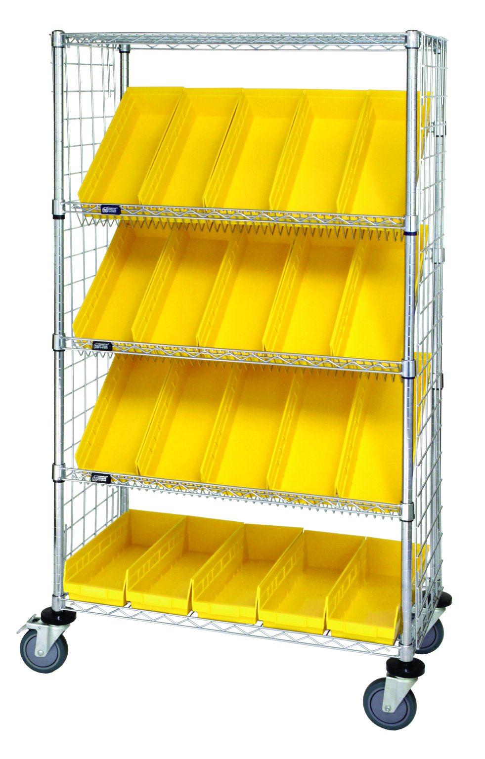 Empty chrome wire shelving cart with five shelves on casters