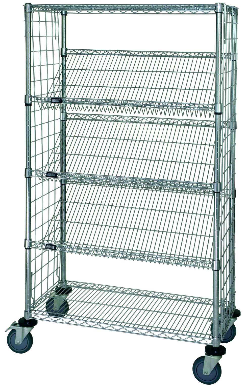 Enclosed combination cart with blue bins on slanted shelves and side enclosure panels