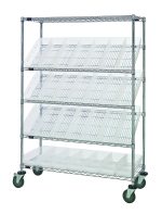 The Quantum Slanted Shelf Cart, with a chrome-plated finish, measures 36W x 18D x 69H and has a load capacity of 1200 lbs. It includes (2) flat shelves, (3) slanted shelves, and (20) QSB104 clear bins. The cart is shown empty against a white backdrop.