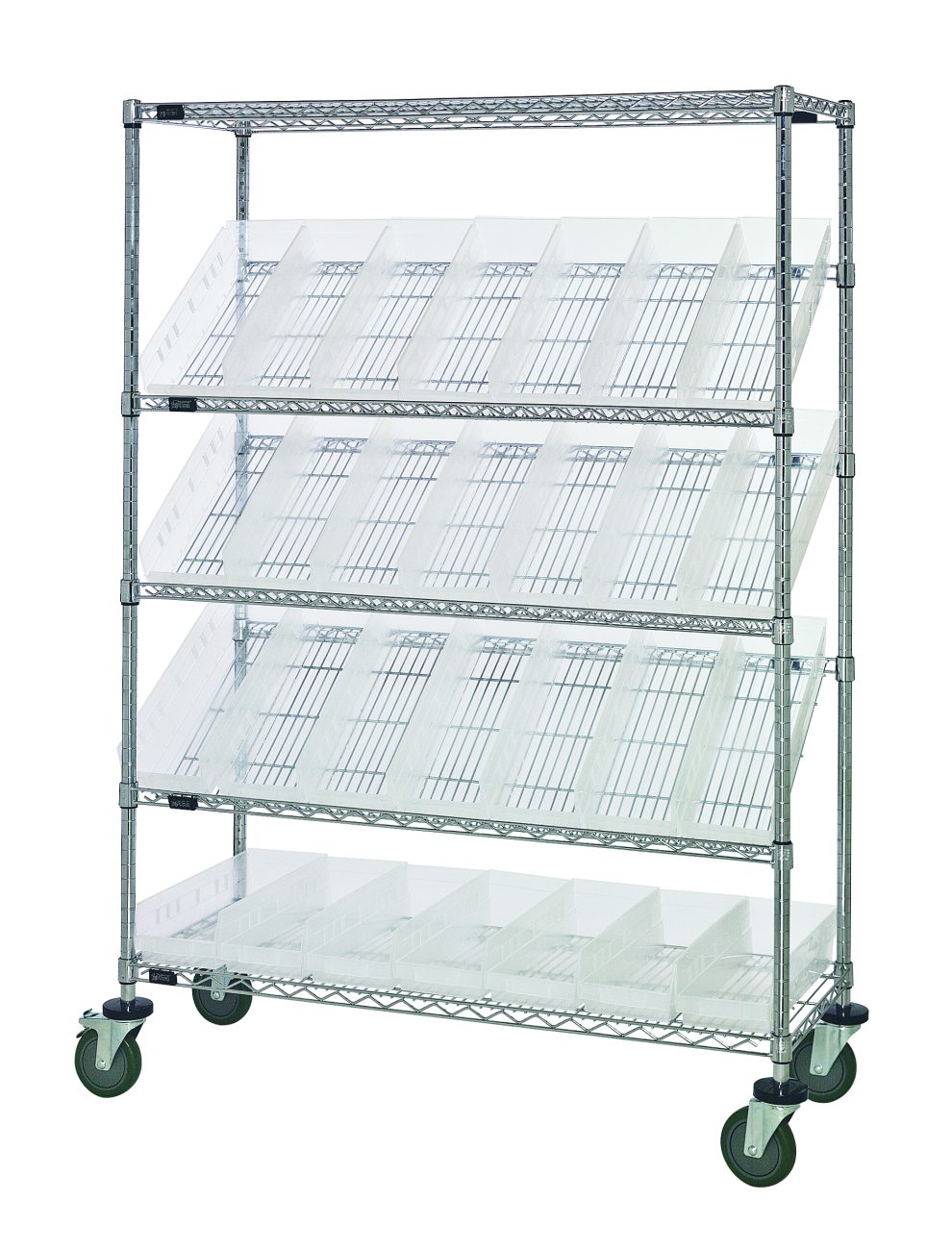 Slanted shelf cart with clear shelf bins for visible contents