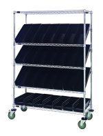 The Quantum Slanted Shelf Cart measures 36W x 18D x 69H, with a load capacity of 1200 lbs. It includes two flat shelves, three slanted shelves, and twenty QSB104 black bins. The unit features green wheels and a chrome-plated finish, shipped KD.