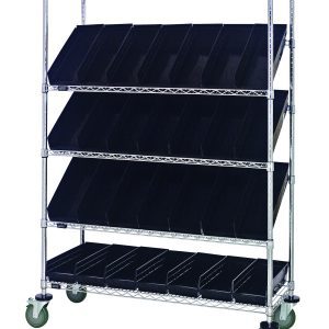The Quantum Slanted Shelf Cart measures 36W x 18D x 69H, with a load capacity of 1200 lbs. It includes two flat shelves, three slanted shelves, and twenty QSB104 black bins. The unit features green wheels and a chrome-plated finish, shipped KD.