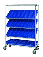 The Quantum Slanted Shelf Cart, with chrome finish and 1200 lbs load capacity, features two flat shelves, three slanted shelves, and includes 28 empty QSB104 blue bins. It measures 48W x 18D x 69H and has wheels for easy mobility. Shipped KD (knocked down).