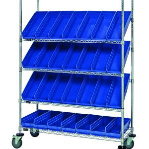 The Quantum Slanted Shelf Cart, with chrome finish and 1200 lbs load capacity, features two flat shelves, three slanted shelves, and includes 28 empty QSB104 blue bins. It measures 48W x 18D x 69H and has wheels for easy mobility. Shipped KD (knocked down).