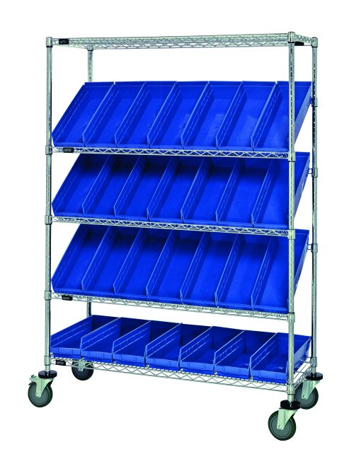 The Quantum Slanted Shelf Cart, with chrome finish and 1200 lbs load capacity, features two flat shelves, three slanted shelves, and includes 28 empty QSB104 blue bins. It measures 48W x 18D x 69H and has wheels for easy mobility. Shipped KD (knocked down).
