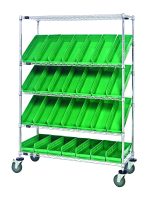 The Quantum Slanted Shelf Cart, measuring 48W x 18D x 69H, supports up to 1200 lbs. It has two flat and three slanted shelves and comes with 28 QSB104 green bins. The cart is mobile with wheels, features a chrome-plated finish, and ships KD.
