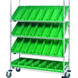 The Quantum Slanted Shelf Cart, measuring 48W x 18D x 69H, supports up to 1200 lbs. It has two flat and three slanted shelves and comes with 28 QSB104 green bins. The cart is mobile with wheels, features a chrome-plated finish, and ships KD.