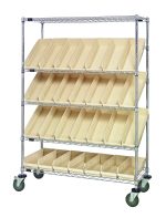 The Quantum Slanted Shelf Cart, measuring 48W x 18D x 69H, supports a load capacity of 1200 lbs. It features a chrome-plated finish with two flat and three slanted shelves that hold 28 QSB104 ivory bins. The cart is mobile due to swivel casters and shipped KD (knocked down) for efficient storage.