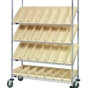 The Quantum Slanted Shelf Cart, measuring 48W x 18D x 69H, supports a load capacity of 1200 lbs. It features a chrome-plated finish with two flat and three slanted shelves that hold 28 QSB104 ivory bins. The cart is mobile due to swivel casters and shipped KD (knocked down) for efficient storage.