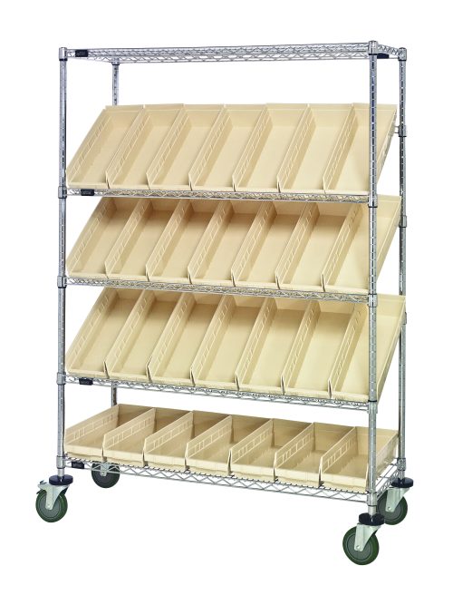 The Quantum Slanted Shelf Cart, measuring 48W x 18D x 69H, supports a load capacity of 1200 lbs. It features a chrome-plated finish with two flat and three slanted shelves that hold 28 QSB104 ivory bins. The cart is mobile due to swivel casters and shipped KD (knocked down) for efficient storage.