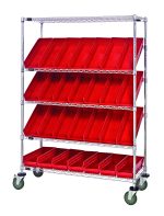 The Quantum Slanted Shelf Cart, measuring 48W x 18D x 69H with a chrome-plated finish, includes two flat and three slanted shelves with wheels, plus twenty-eight QSB104 red bins. It supports up to a 1200 lbs load capacity for efficient storage and accessibility. Ships KD.