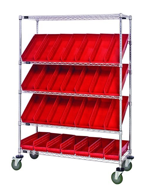 The Quantum Slanted Shelf Cart, measuring 48W x 18D x 69H with a chrome-plated finish, includes two flat and three slanted shelves with wheels, plus twenty-eight QSB104 red bins. It supports up to a 1200 lbs load capacity for efficient storage and accessibility. Ships KD.